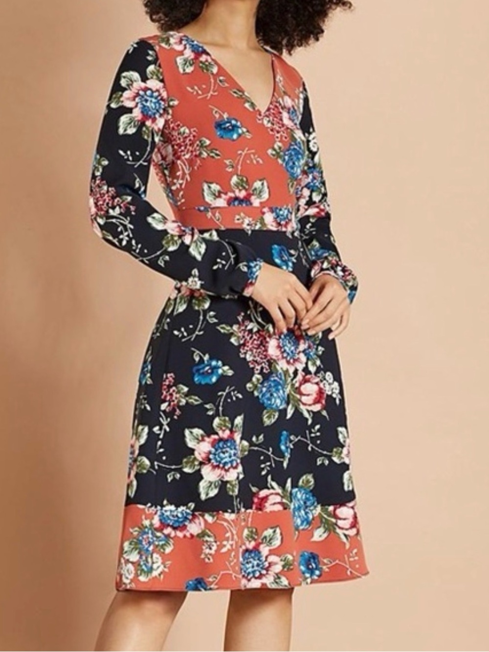 BROOKS BROTHERS Red Fleece Floral V-Neck Long Sleeve A-Line Dress Size 8
